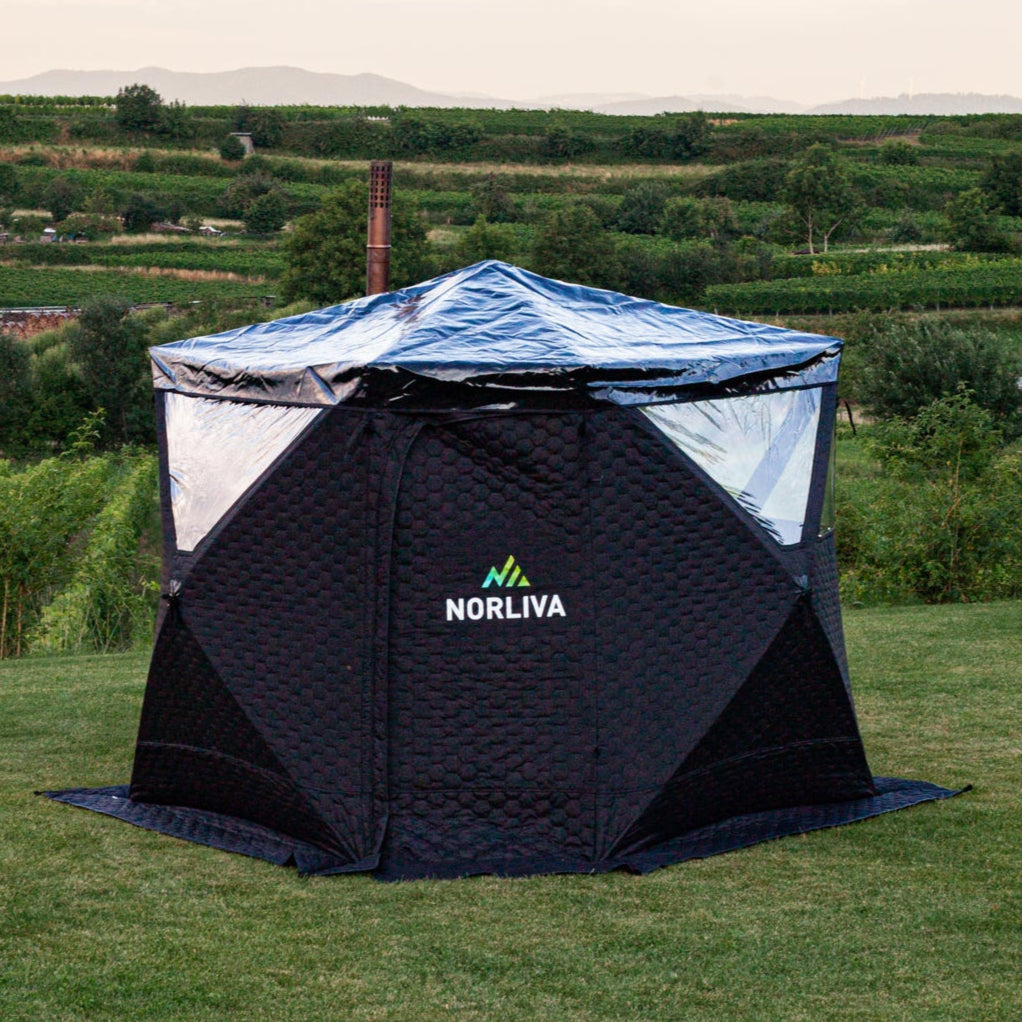 Zestaw: namiot saunowy Fjorden + piec + akcesoria do sauny + osłona przeciwdeszczowa