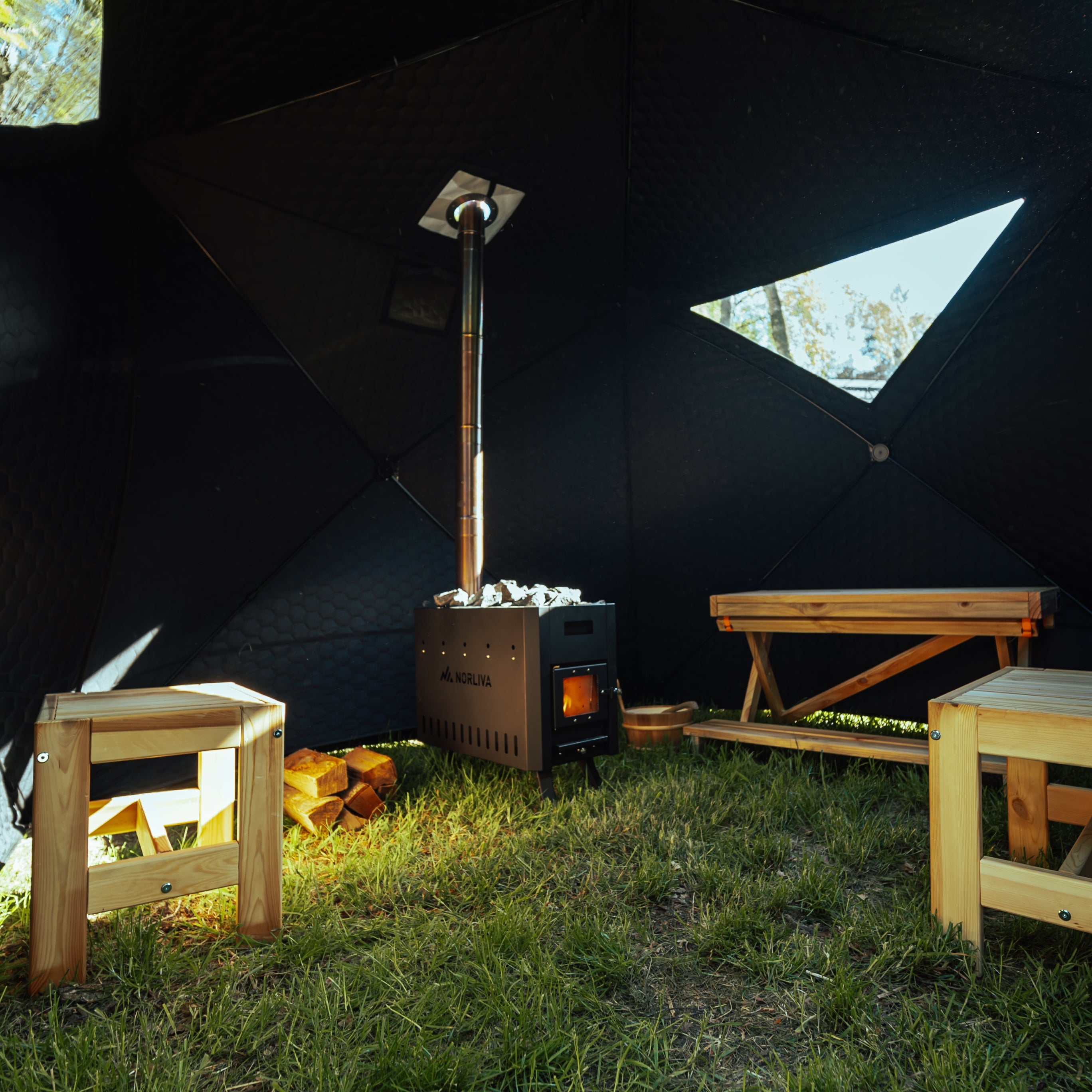 Mobilny namiot saunowy Fjorden z piecem do sauny