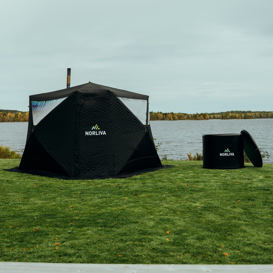 Zestaw: namiot saunowy Fjorden + piec + akcesoria do sauny + ławki + beczka na lód